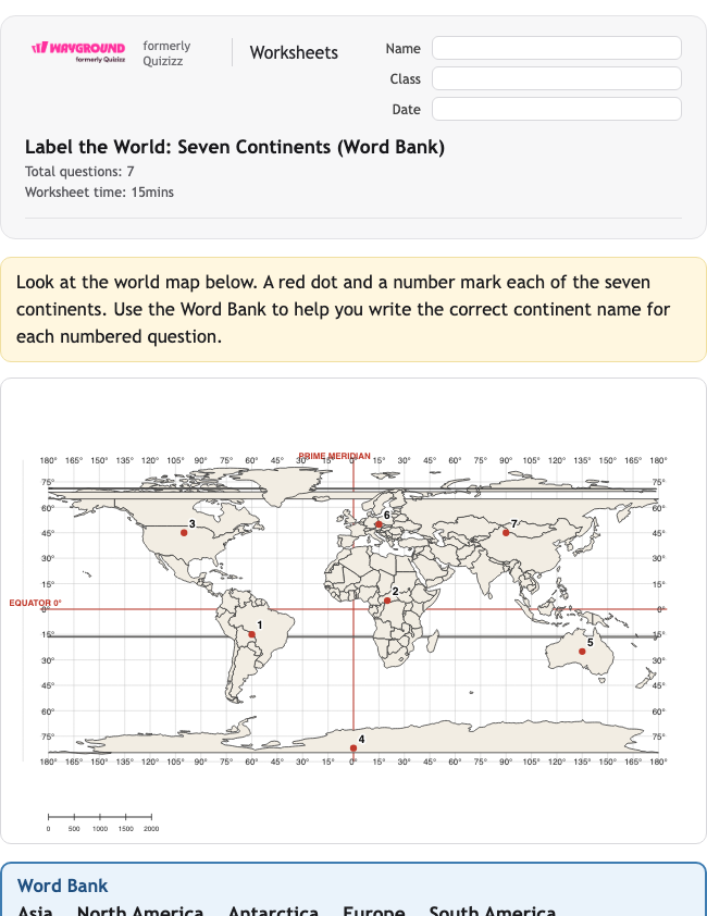 Label the World: Seven Continents (Word Bank) - Imprimible Continentes Hojas-de-trabajo Grado 2 - Wayground