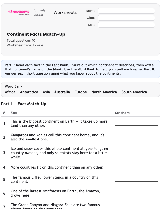 Continent Facts Match-Up - Imprimible Continentes Hojas-de-trabajo Grado 2 - Wayground