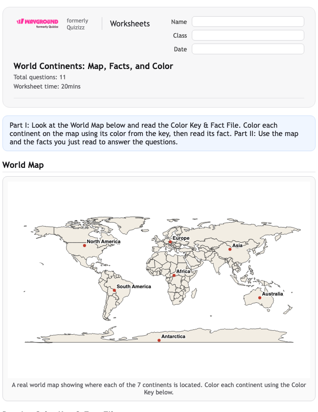 World Continents: Map, Facts, and Color - Imprimible Continentes Hojas-de-trabajo Grado 2 - Wayground
