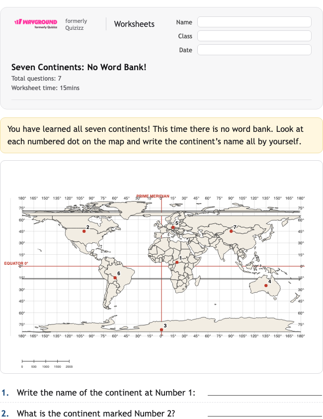 Seven Continents: No Word Bank! - Imprimible Continentes Hojas-de-trabajo Grado 2 - Wayground