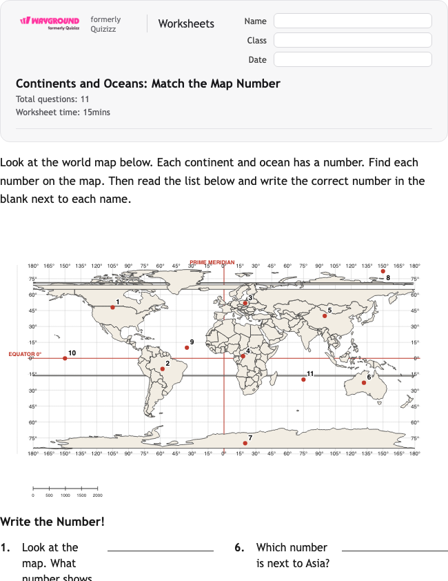 Continents and Oceans: Match the Map Number - Imprimible Continentes Hojas-de-trabajo Grado 2 - Wayground
