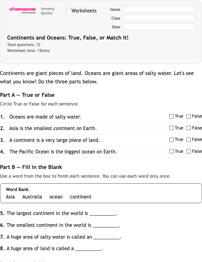 Continents and Oceans: True, False, or Match It! - Imprimible Continentes Hojas-de-trabajo Grado 2 - Wayground