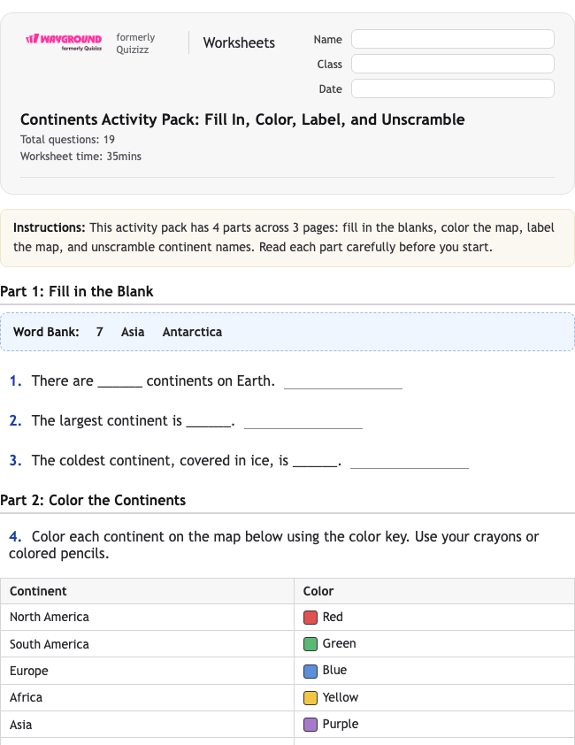 Continents Activity Pack: Fill In, Color, Label, and Unscramble - Imprimible Continentes Hojas-de-trabajo Grado 2 - Wayground