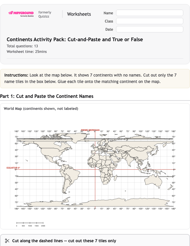 Continents Activity Pack: Cut-and-Paste and True or False - Imprimible Continentes Hojas-de-trabajo Grado 2 - Wayground
