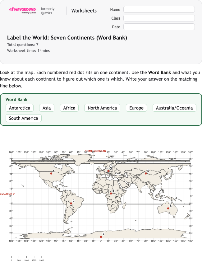 Label the World: Seven Continents (Word Bank) - Dapat dicetak Benua Lembar-kerja Kelas 3 - Wayground