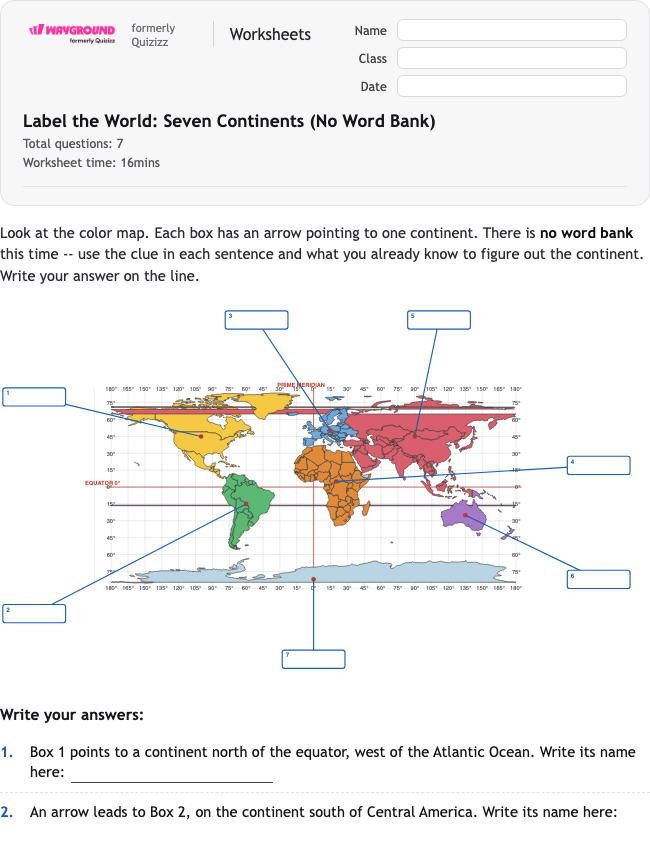 Label the World: Seven Continents (No Word Bank) - Dapat dicetak Benua Lembar-kerja Kelas 3 - Wayground