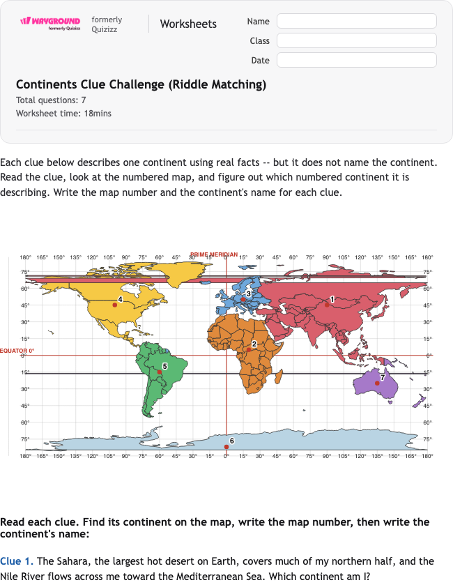 Continents Clue Challenge (Riddle Matching) - Dapat dicetak Benua Lembar-kerja Kelas 3 - Wayground