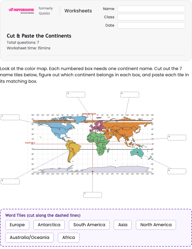 Cut & Paste the Continents - Dapat dicetak Benua Lembar-kerja Kelas 3 - Wayground