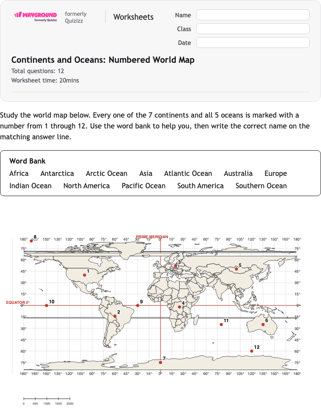 Continents and Oceans: Numbered World Map - Dapat dicetak Benua Lembar-kerja Kelas 3 - Wayground