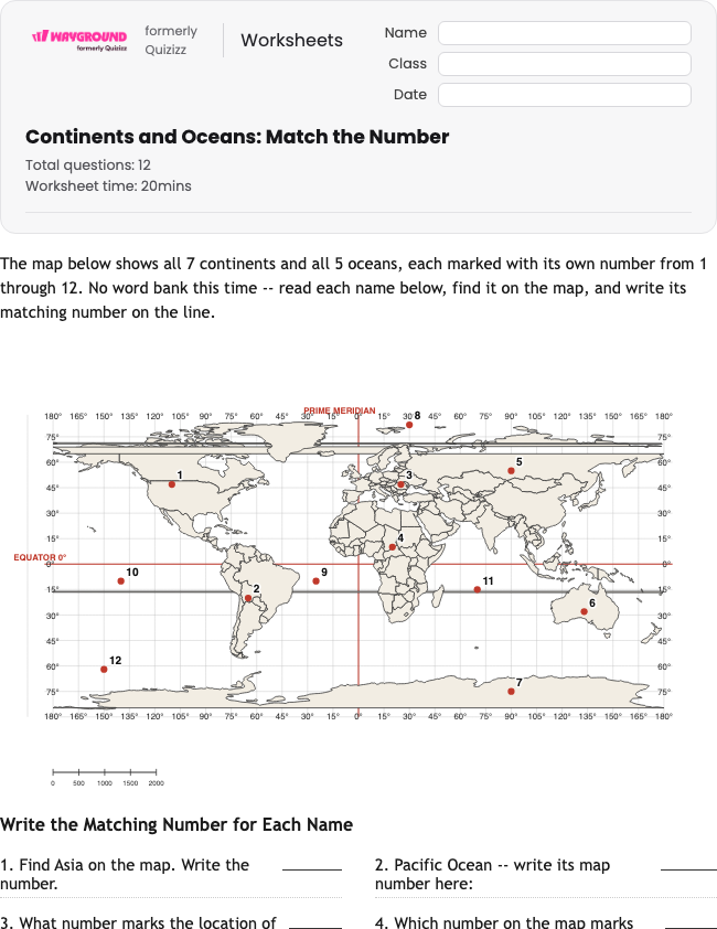 Continents and Oceans: Match the Number - Dapat dicetak Benua Lembar-kerja Kelas 3 - Wayground