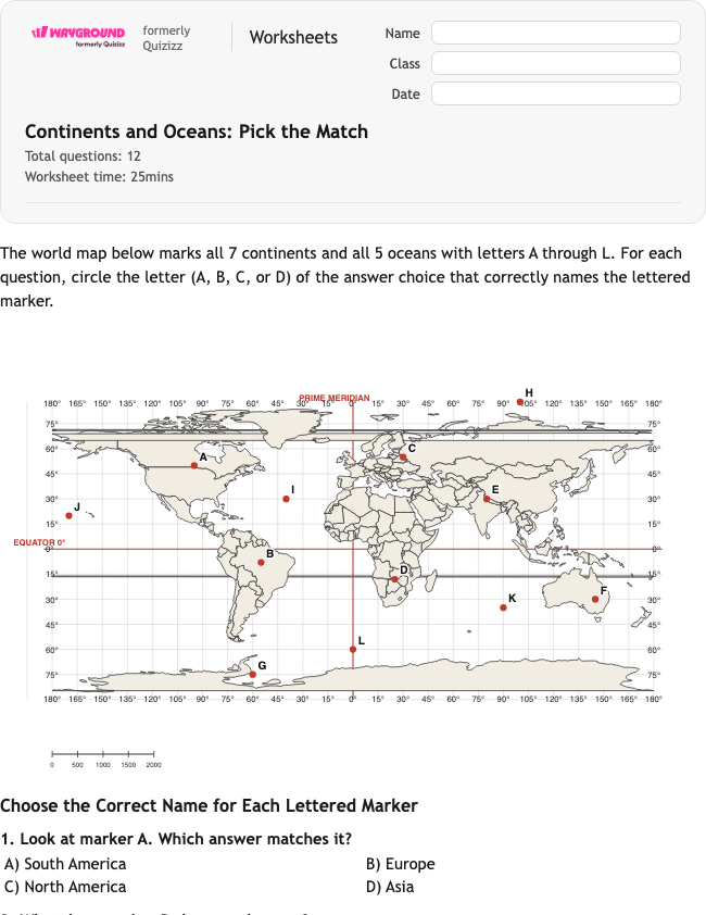 Continents and Oceans: Pick the Match - Dapat dicetak Benua Lembar-kerja Kelas 3 - Wayground
