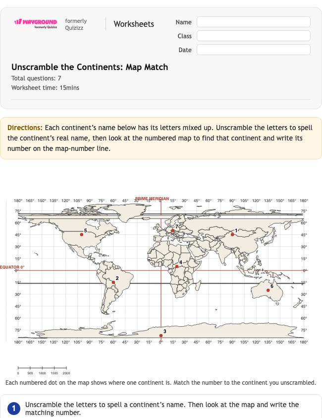 Unscramble the Continents: Map Match - Dapat dicetak Benua Lembar-kerja Kelas 3 - Wayground