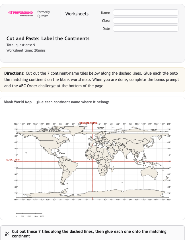 Cut and Paste: Label the Continents - Dapat dicetak Benua Lembar-kerja Kelas 3 - Wayground