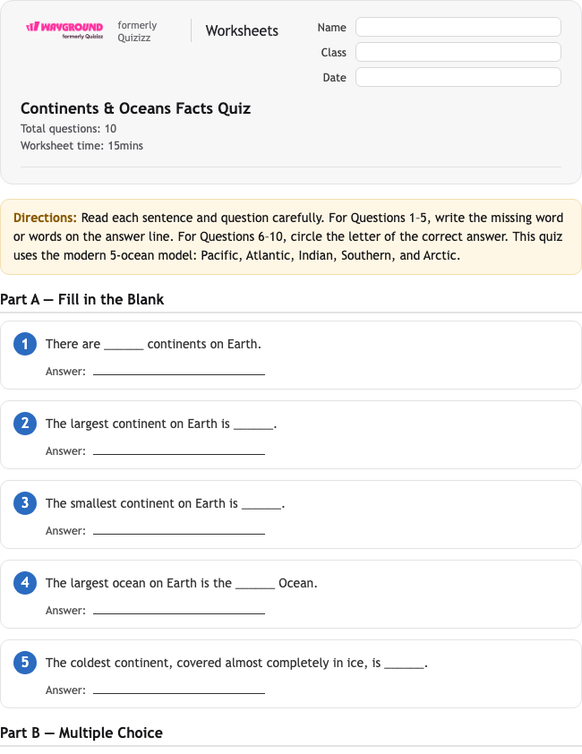 Continents & Oceans Facts Quiz - Dapat dicetak Benua Lembar-kerja Kelas 3 - Wayground