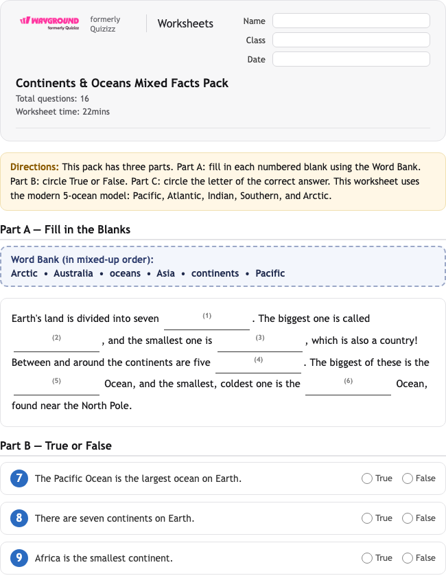 Continents & Oceans Mixed Facts Pack - Dapat dicetak Benua Lembar-kerja Kelas 3 - Wayground