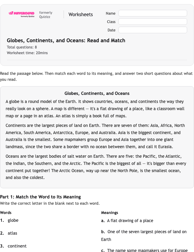 Globes, Continents, and Oceans: Read and Match - Dapat dicetak Benua Lembar-kerja Kelas 3 - Wayground