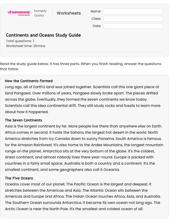 Continents and Oceans Study Guide - Dapat dicetak Benua Lembar-kerja Kelas 3 - Wayground