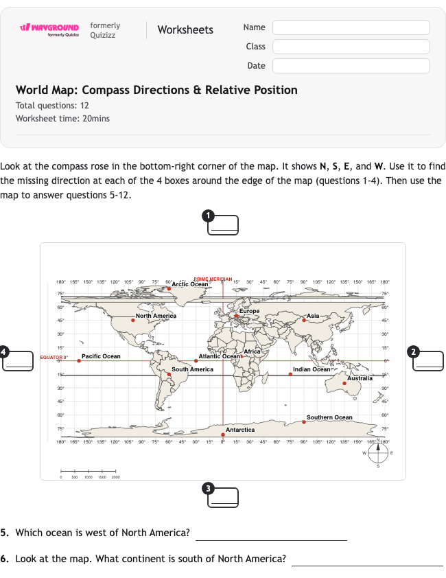 World Map: Compass Directions & Relative Position - Dapat dicetak Benua Lembar-kerja Kelas 3 - Wayground