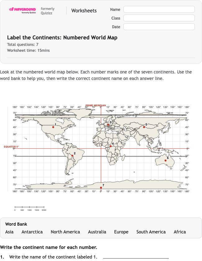 Label the Continents: Numbered World Map - Printable Benua Lembar-kerja Kelas 4 - Wayground