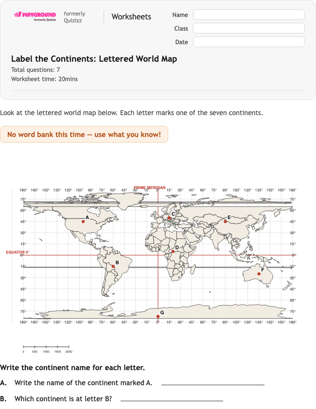 Label the Continents: Lettered World Map - Printable Benua Lembar-kerja Kelas 4 - Wayground