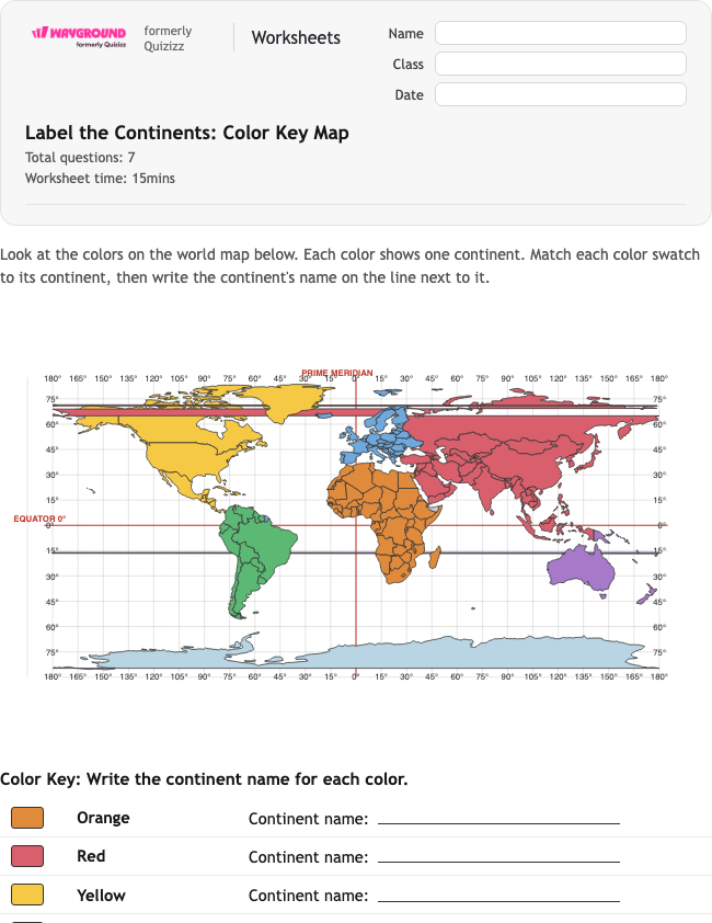 Label the Continents: Color Key Map - Printable Benua Lembar-kerja Kelas 4 - Wayground