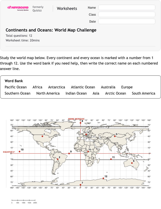 Continents and Oceans: World Map Challenge - Printable Benua Lembar-kerja Kelas 4 - Wayground