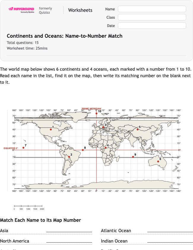 Continents and Oceans: Name-to-Number Match - Printable Benua Lembar-kerja Kelas 4 - Wayground
