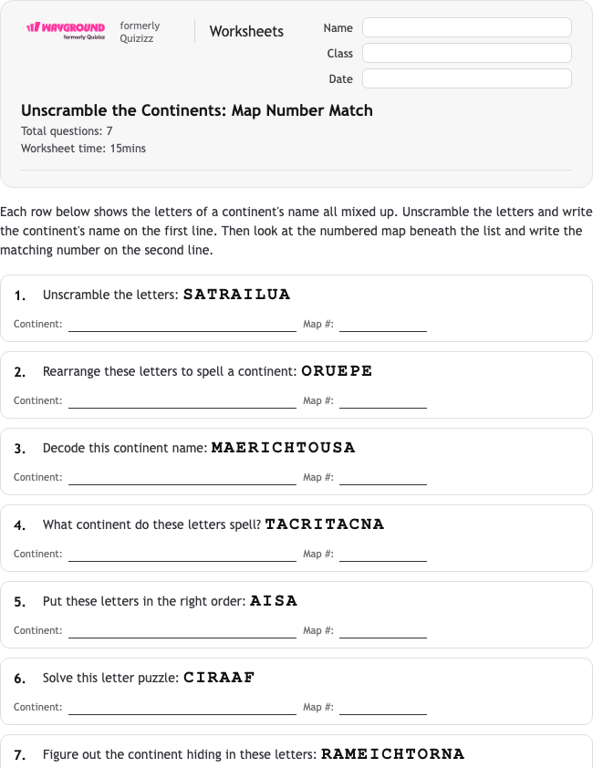 Unscramble the Continents: Map Number Match - Printable Benua Lembar-kerja Kelas 4 - Wayground