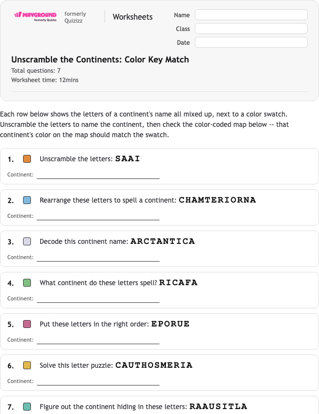 Unscramble the Continents: Color Key Match - Printable Benua Lembar-kerja Kelas 4 - Wayground