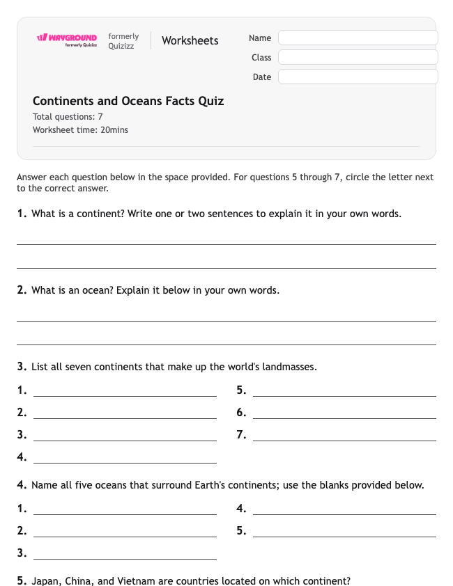 Continents and Oceans Facts Quiz - Printable Benua Lembar-kerja Kelas 4 - Wayground
