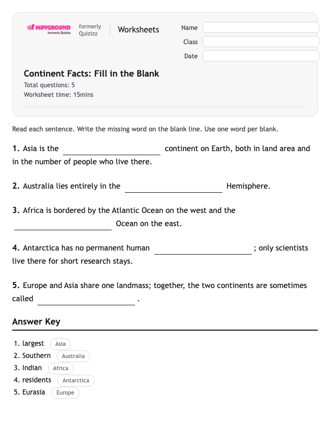 Continent Facts: Fill in the Blank - Printable Benua Lembar-kerja Kelas 4 - Wayground