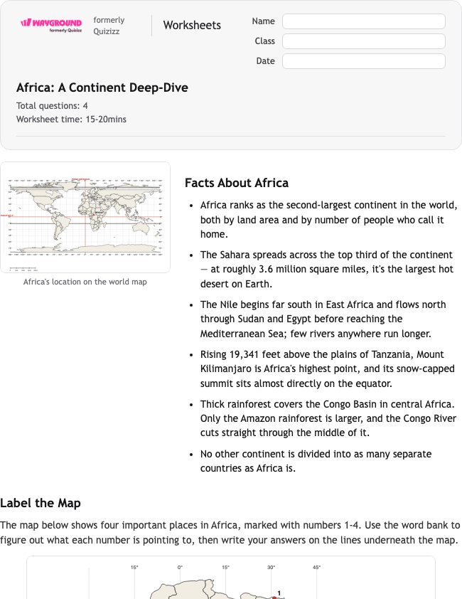 Africa: A Continent Deep-Dive - Printable Benua Lembar-kerja Kelas 4 - Wayground