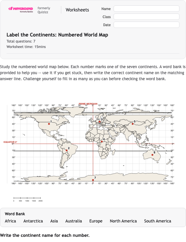 Label the Continents: Numbered World Map - Printable Benua Lembar-kerja Kelas 5 - Wayground