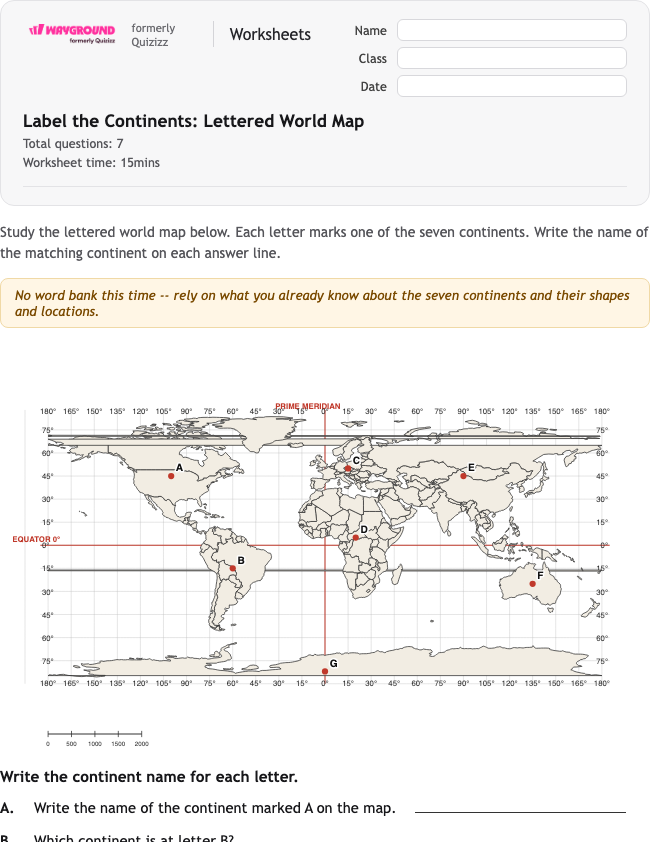 Label the Continents: Lettered World Map - Printable Benua Lembar-kerja Kelas 5 - Wayground
