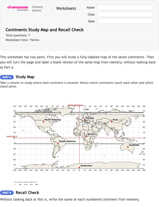 Continents Study Map and Recall Check - Printable Benua Lembar-kerja Kelas 5 - Wayground