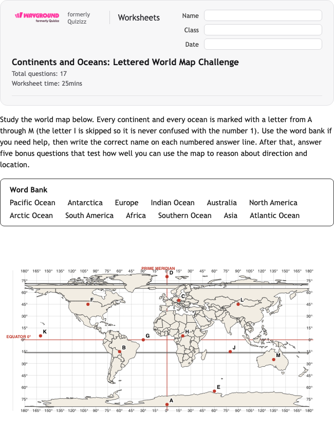 Continents and Oceans: Lettered World Map Challenge - Printable Benua Lembar-kerja Kelas 5 - Wayground