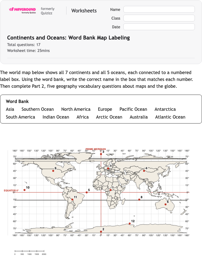 Continents and Oceans: Word Bank Map Labeling - Printable Benua Lembar-kerja Kelas 5 - Wayground
