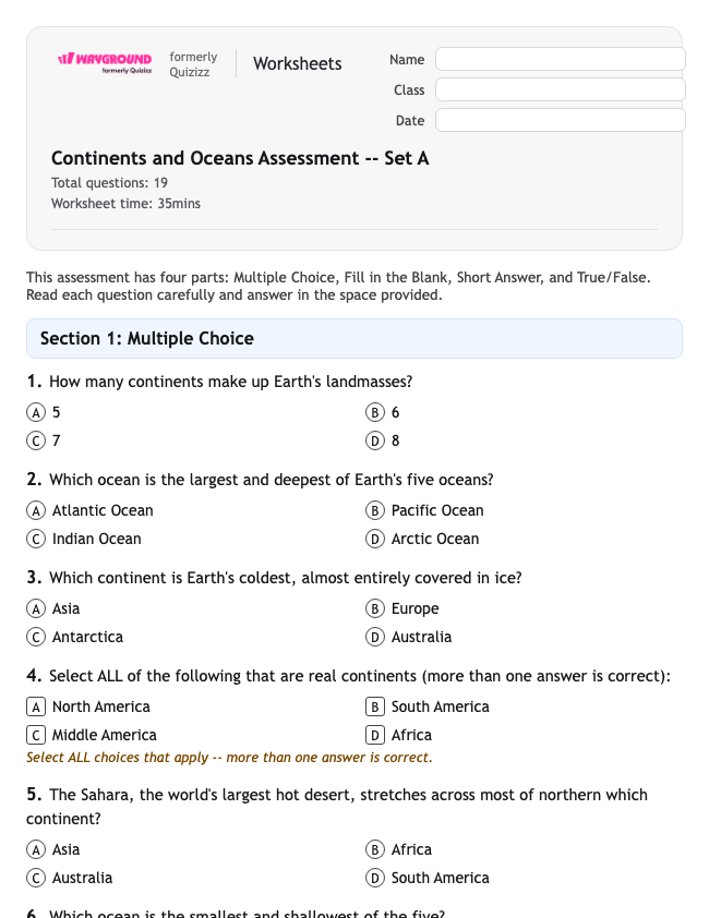 Continents and Oceans Assessment -- Set A - Printable Benua Lembar-kerja Kelas 5 - Wayground