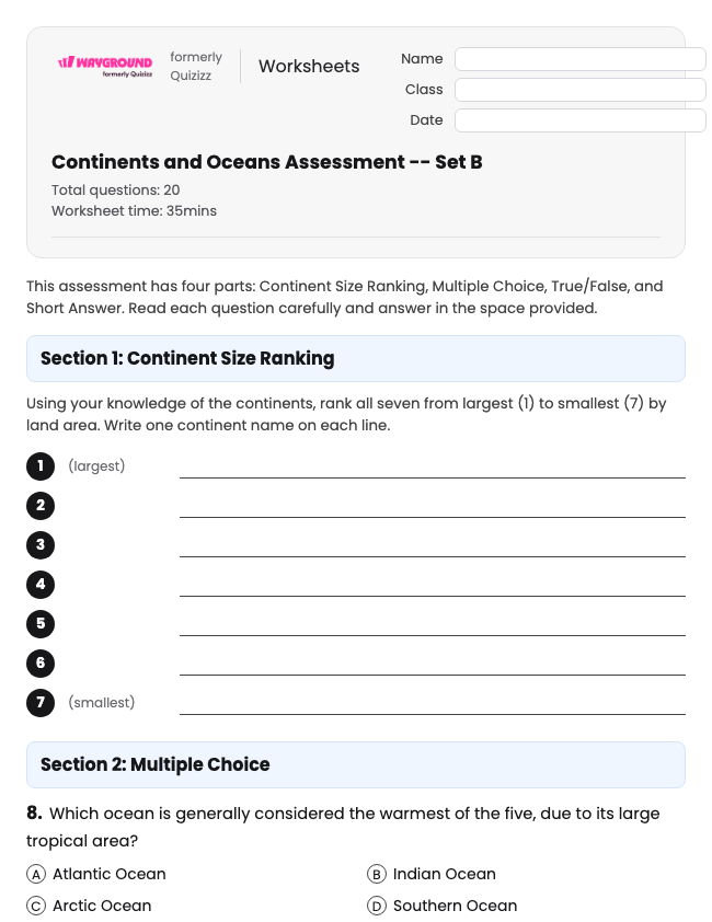Continents and Oceans Assessment -- Set B - Printable Benua Lembar-kerja Kelas 5 - Wayground