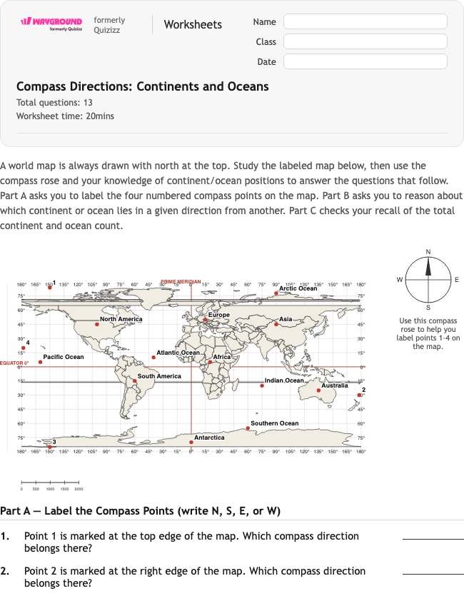 Compass Directions: Continents and Oceans - Printable Benua Lembar-kerja Kelas 5 - Wayground