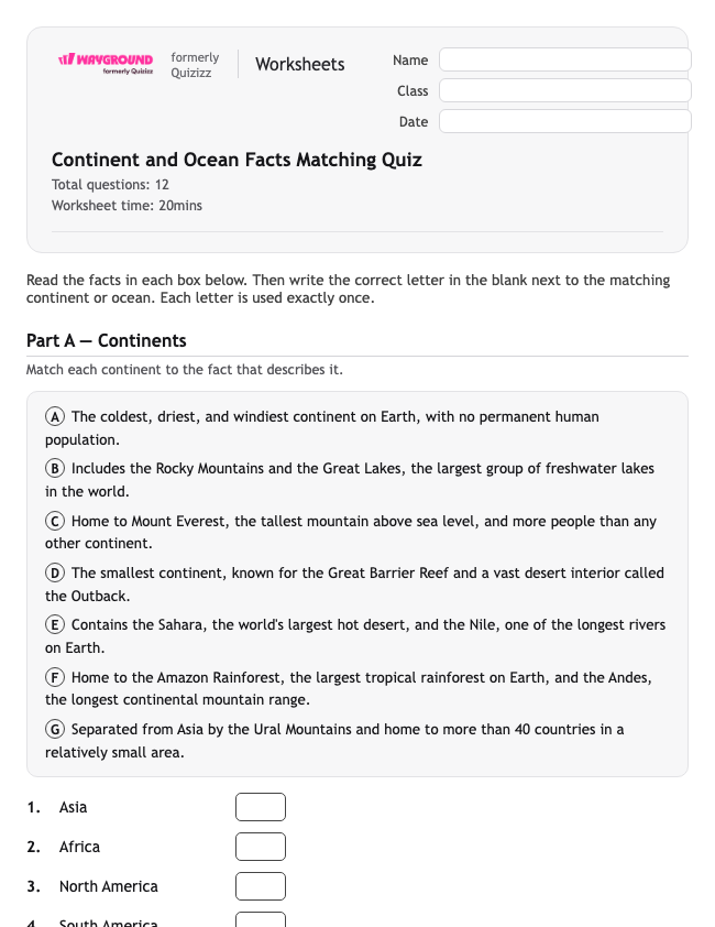Continent and Ocean Facts Matching Quiz - Printable Benua Lembar-kerja Kelas 5 - Wayground