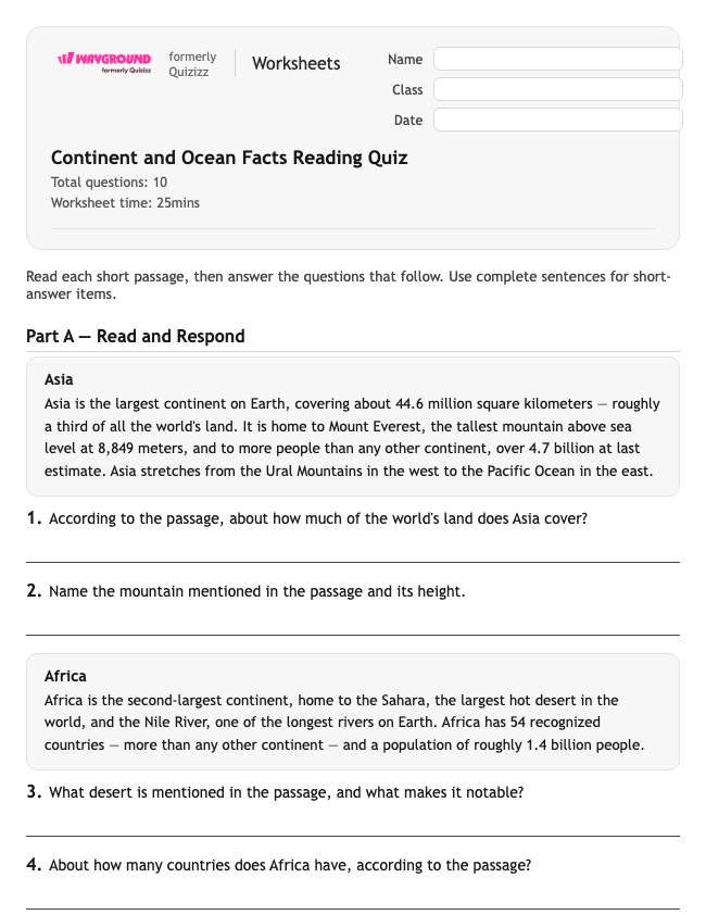 Continent and Ocean Facts Reading Quiz - Printable Benua Lembar-kerja Kelas 5 - Wayground