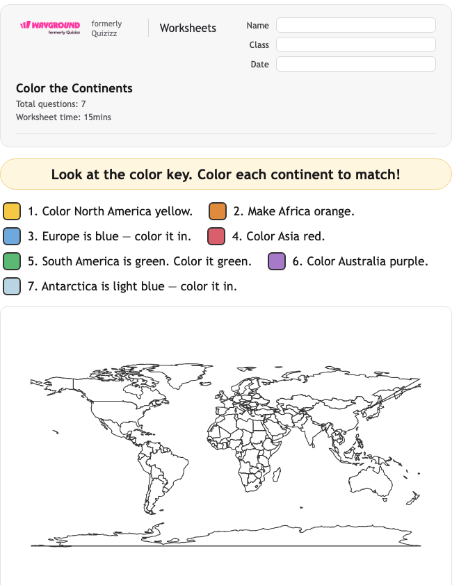 Color the Continents - Printable Continents Worksheets Kindergarten - Wayground