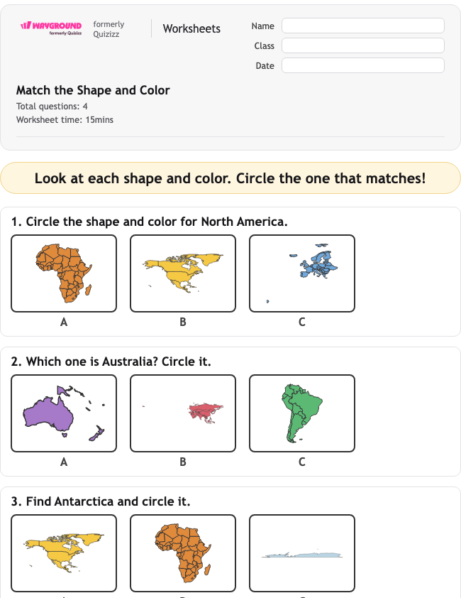 Match the Shape and Color - Printable Continents Worksheets Kindergarten - Wayground