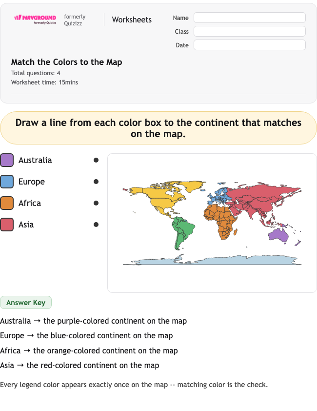Match the Colors to the Map - Printable Continents Worksheets Kindergarten - Wayground