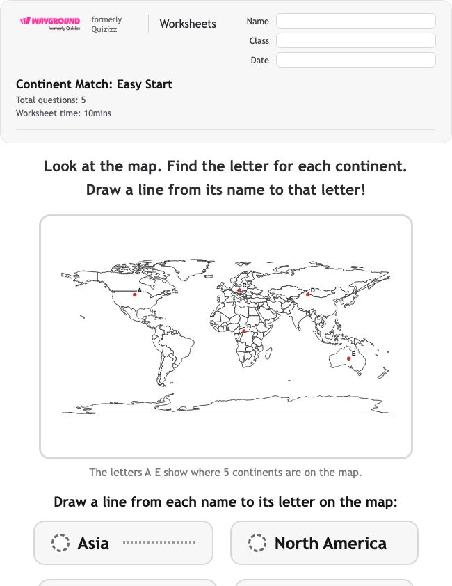 Continent Match: Easy Start - Printable Continents Worksheets Kindergarten - Wayground