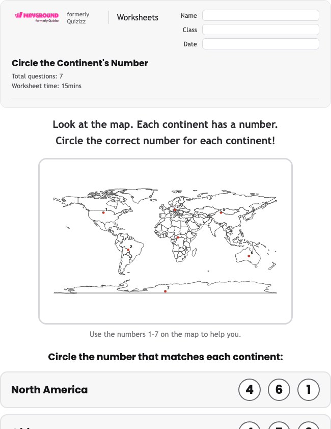 Circle the Continent's Number - Printable Continents Worksheets Kindergarten - Wayground