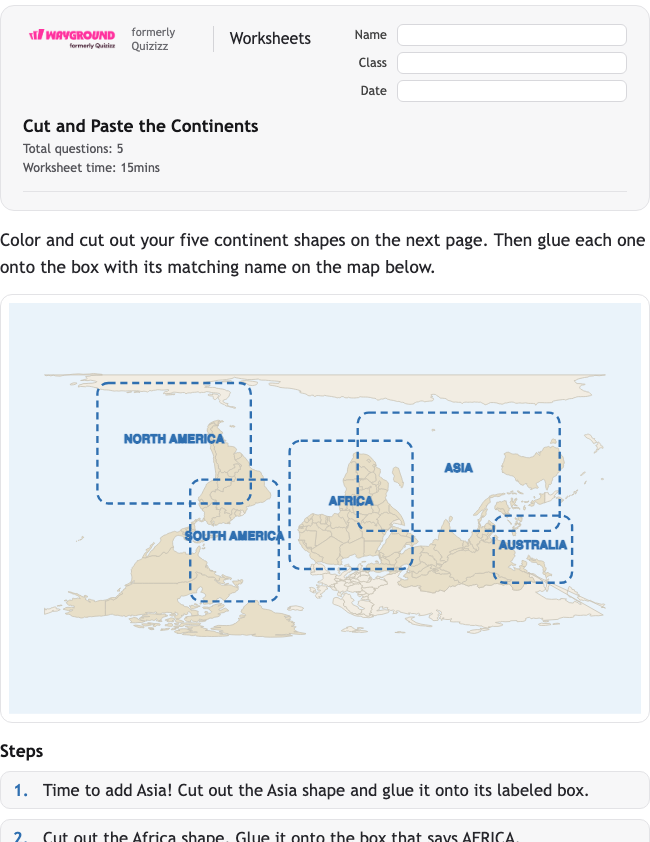Cut and Paste the Continents - Printable Continents Worksheets Kindergarten - Wayground