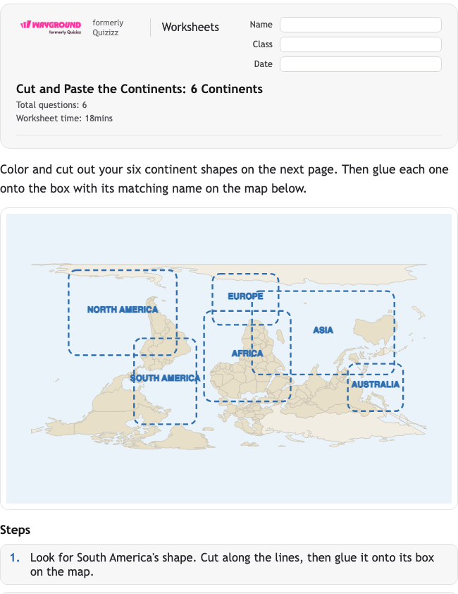 Cut and Paste the Continents: 6 Continents - Printable Continents Worksheets Kindergarten - Wayground