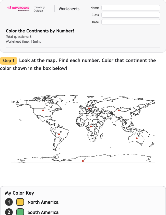 Color the Continents by Number! - Printable Continents Worksheets Kindergarten - Wayground